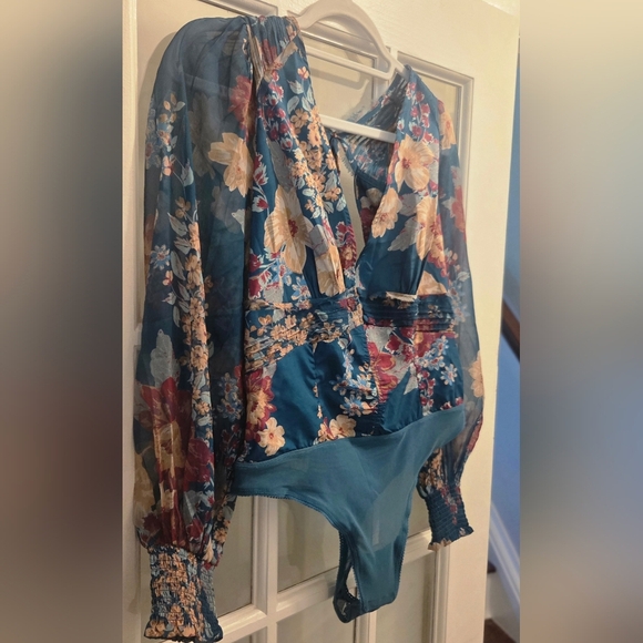 FP Wanderlust Jade Floral Thong Bodysuit W/Balloon Sleeves & Cinched Back - Picture 9 of 14